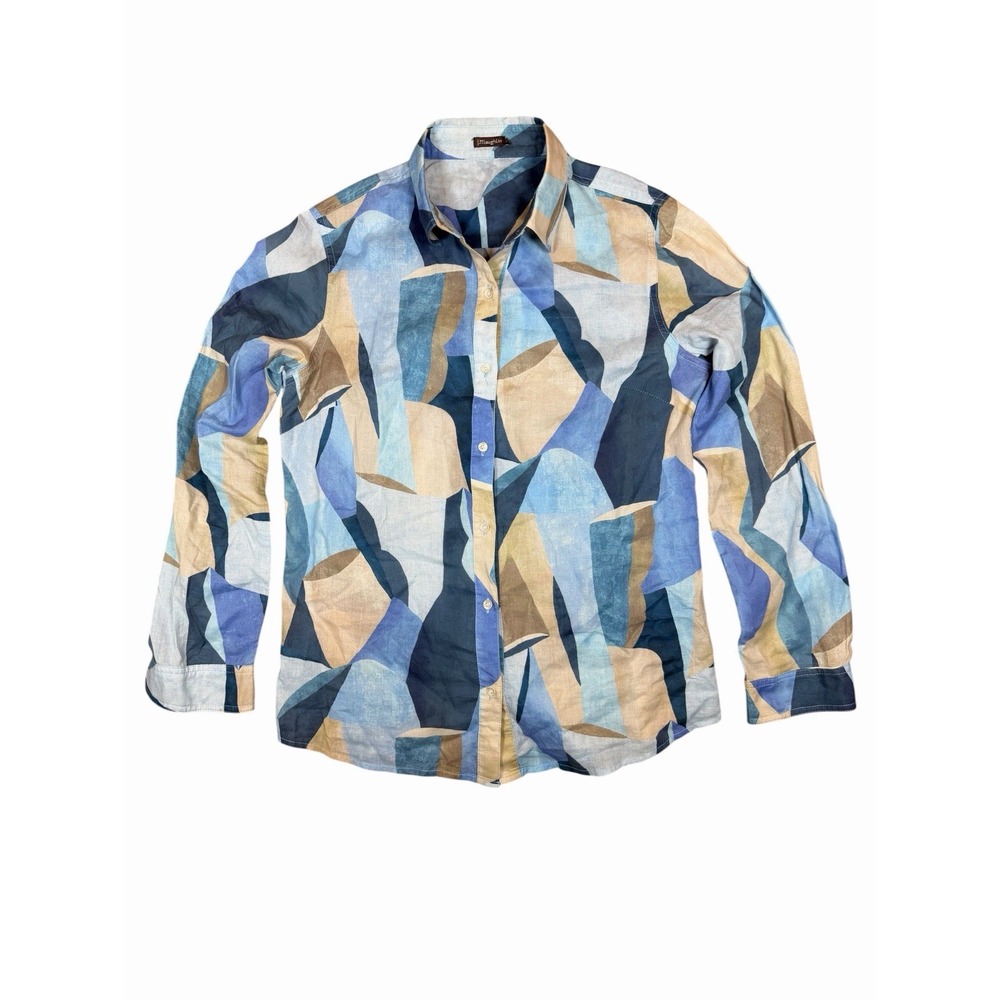 J McLaughlin Womens S Blue Beige Abstract Print Button Up Shirt Cotton Casual